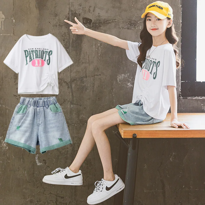 

2022 kids Baby sexy Girls clothes teenager loose irregular T-shirt + hot Ripped jeans Shorts pants 3 4 5 6 7 8 9 10 11 12 years