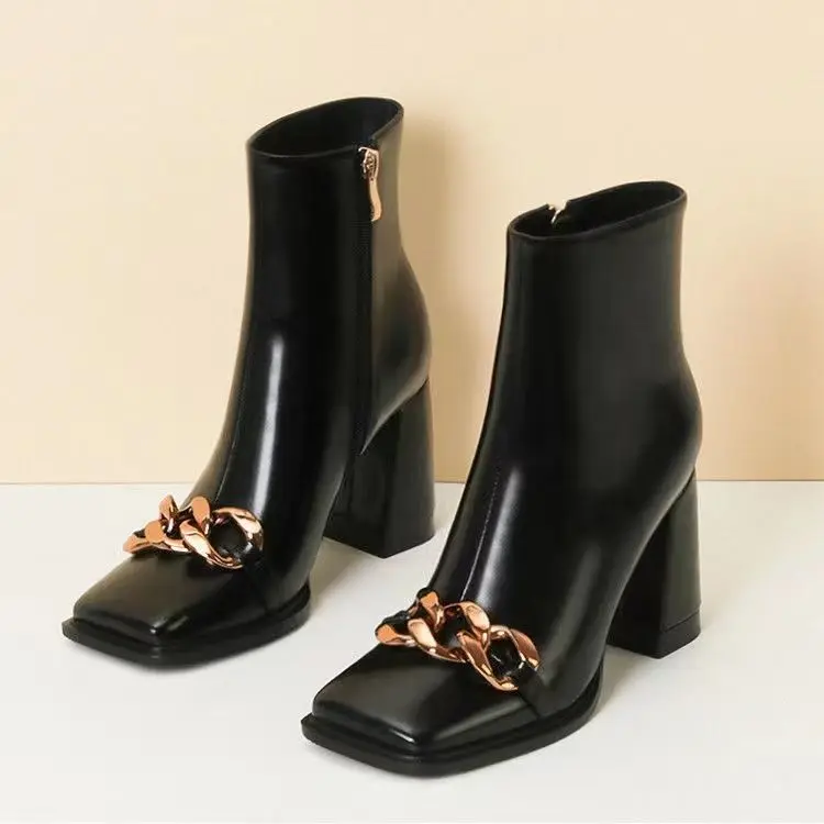 2022 New Mid Heel Square Toe Booties Women's Spring and Autumn White Soft Leather Metal Buckle Decoration Skinny Boots