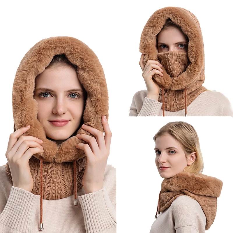 

Thick Balaclava Hats for Women 2022 Fleece Lined Scarf Face Mask Beanies Men Balaclava Hats Knitted Snow Hooded Cap