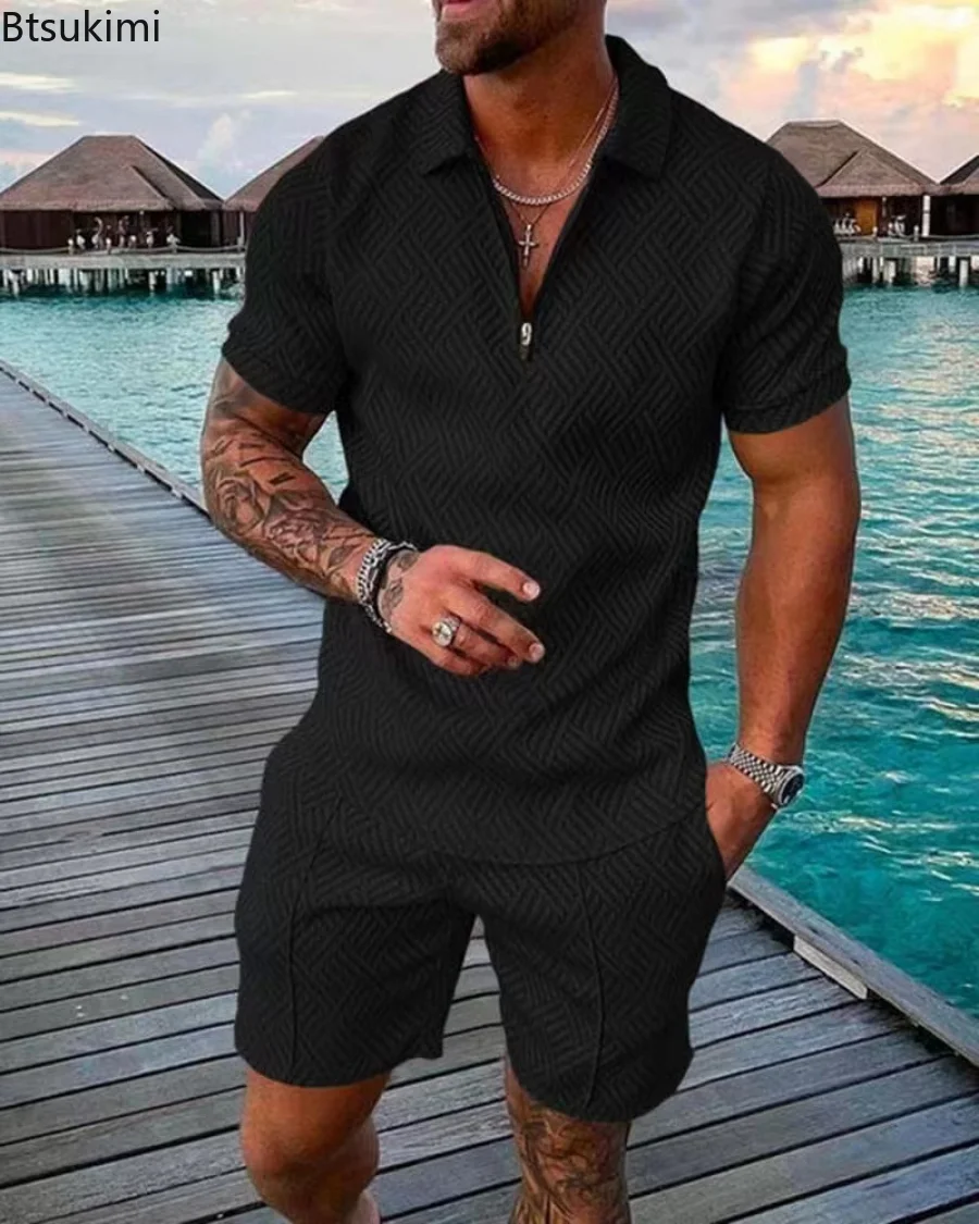 New 2023 Men's Summer Casual Sets 2PCS Breathable Short Sleeve Shirts and Shorts Sets Male V-neck Summer Clothing Tracksuit Men