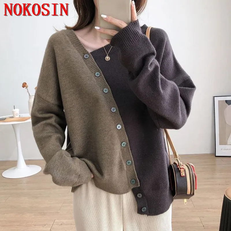 Women Irregular Button Undershirt Contrast Color Out Streetwear Spring Knitted  Long Sleeves Sweater Loose Autumn Pullover