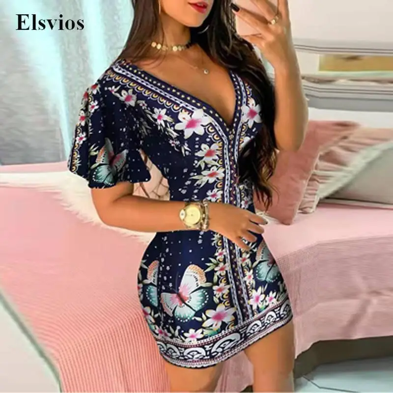 

Summer Sexy V Neck Lady Party Dress Women Short Sleeve A-Line Mini Dress Spring Vintage Floral Print Bodycon Slim Dress Vestidos