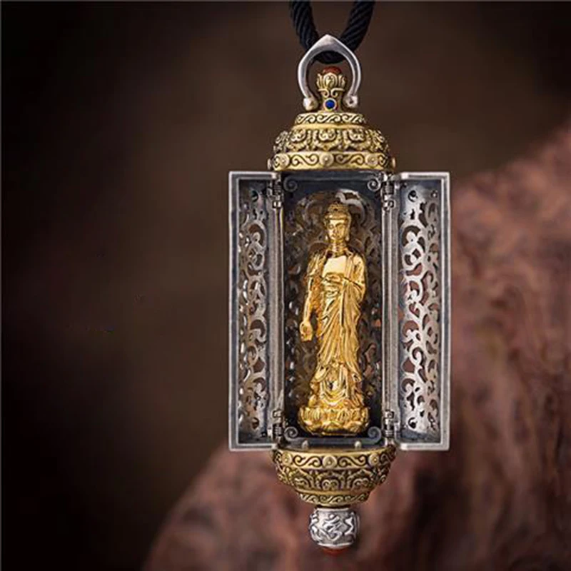 

Flower Seed Buddha Gawu Box Silver Pendant National Tide Personality Pendant Men And Women Amitabha Amulet Necklace