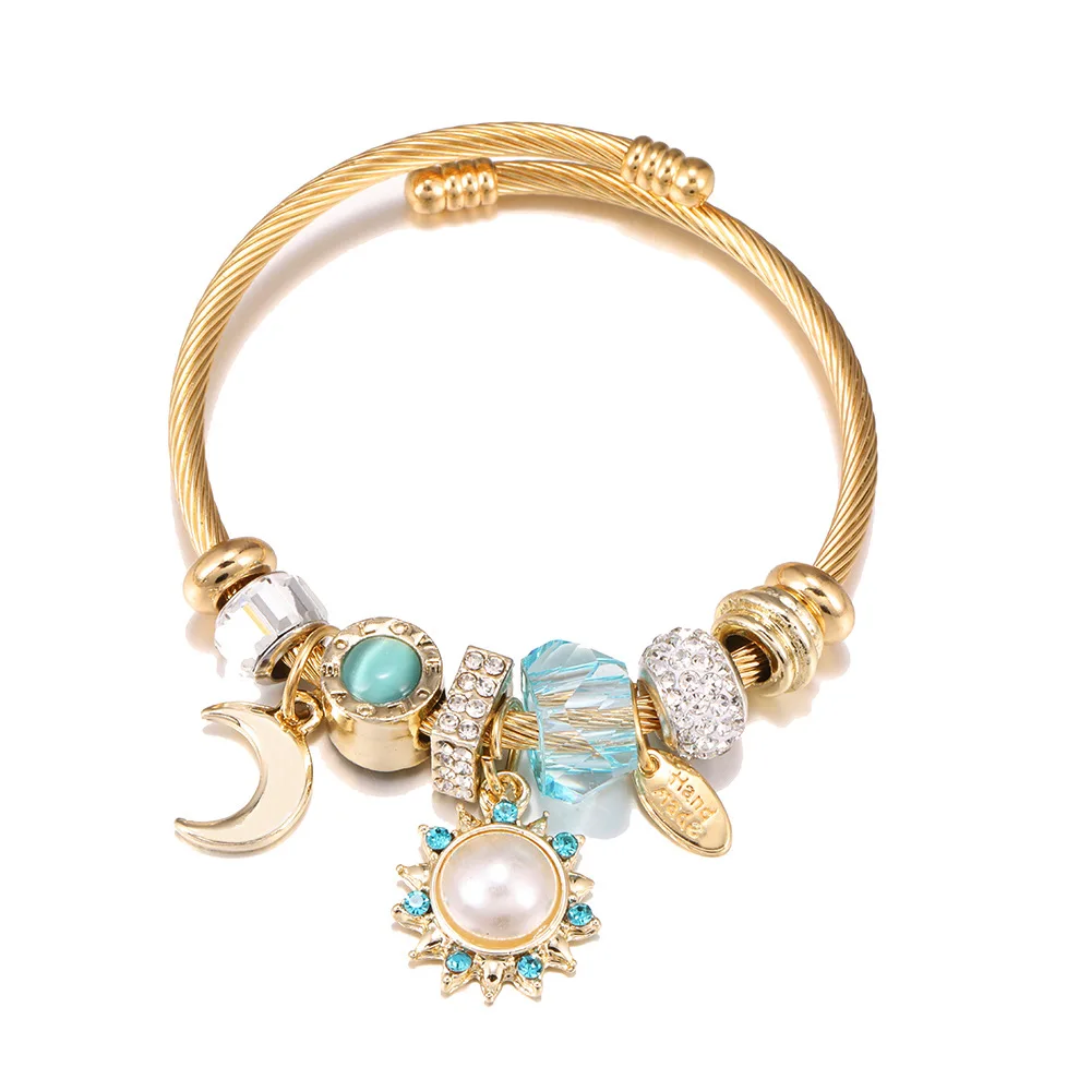 

Melos Stainless Steel Fashion Bracelet Collection Star Mosaic Sun Flower Pendant Gold Open Bracelet Diy Beads Women's Bracelet