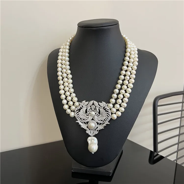 Natural 3 Strands8-9mm Freshwater Cultured White Pearl Necklace CZ Cubic Zirconia Pave Pendant Handmade For Women