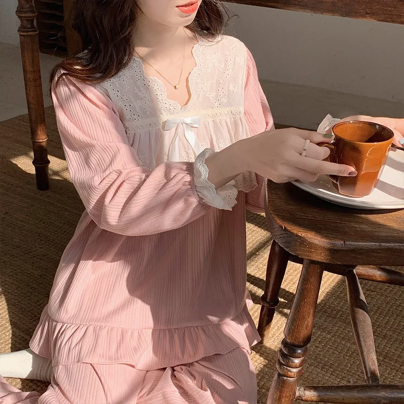 Yasuk Spring Autuum 2023 Women's Casual Sleepwear Homewear Sexy  Lovely Sweet Pink Girl Pajamas With Pants Soft Lace Bow Gentle