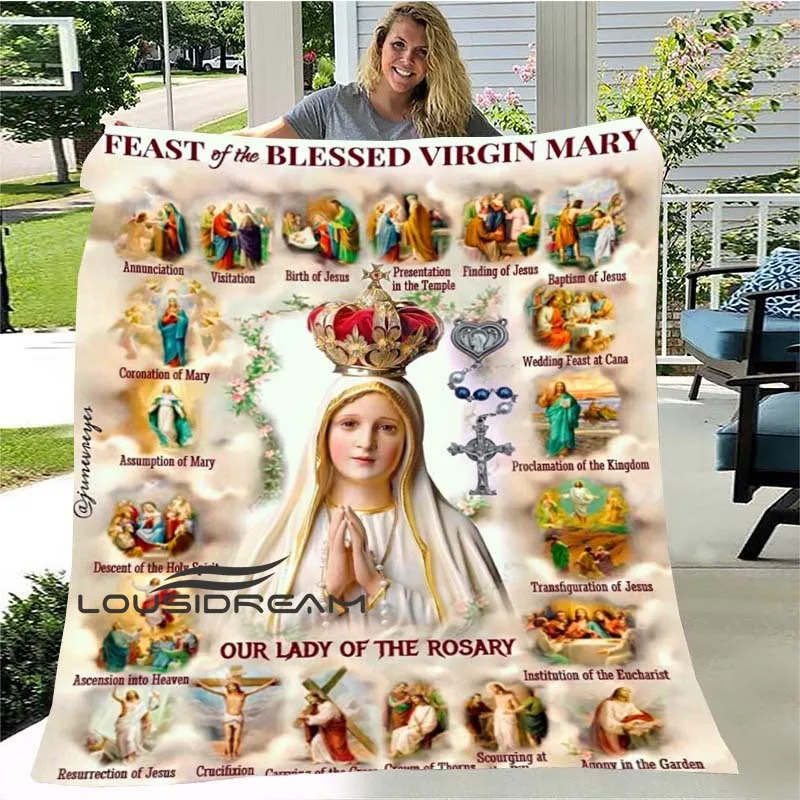 

Virgin Mary Jesus Angel 3D Printing Flannel Plush Blanket Home Office Travel Camping Bath Towel Warm Blankets Blankets for Beds