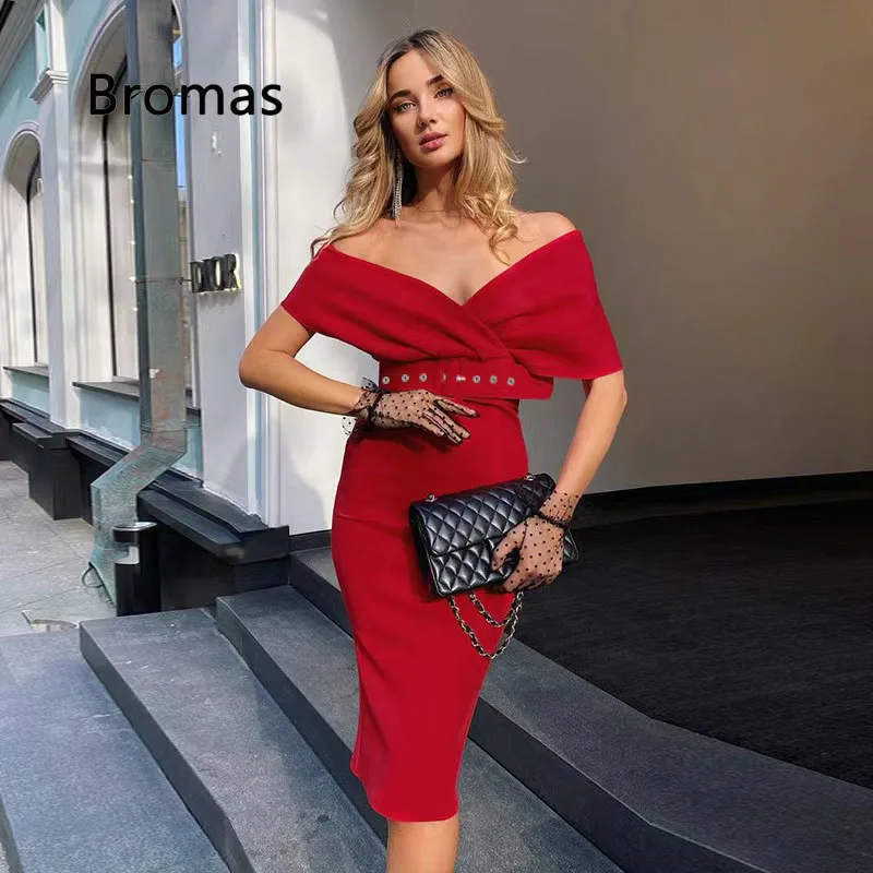 

2022 Summer New Women's Fashion Sexy Off-The-Shoulder Party Dresses Solid Color V-Neck Elegant Retro Mid-Length Slim Dress