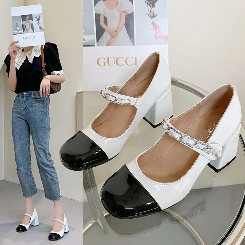 

2023 Women Shoes Fashion Retro Style Leather Shoes Colorblock Summer Spring Mary Jane Shoes Ladies High Heels Sandals Pumps