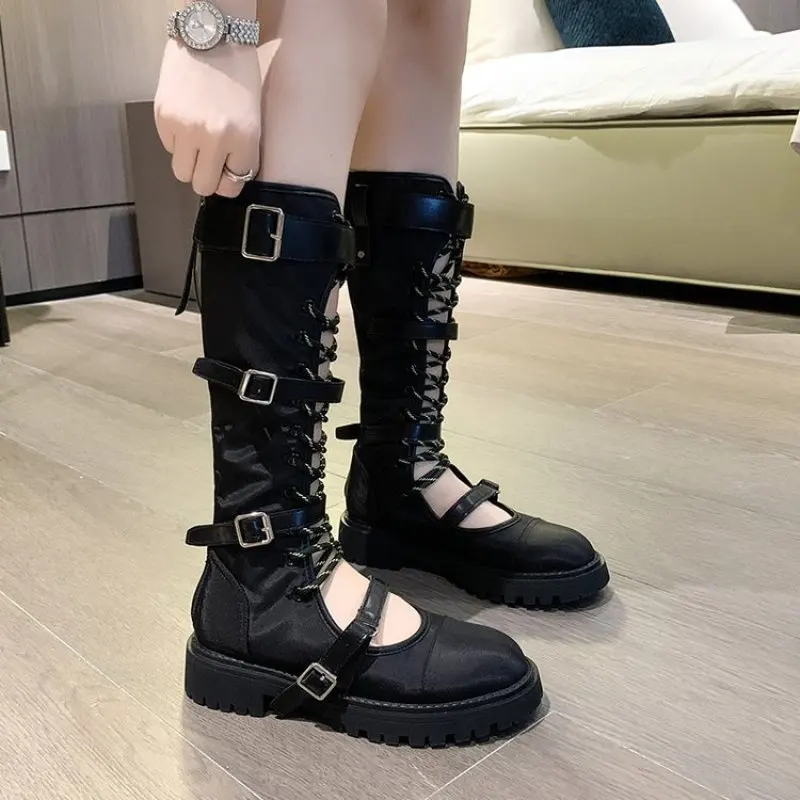 Roman-Style Cross-Lace Cutout Long-Barrel Sandals Muffin Heels With Peep Toe belt fastener To Raise Zipper Sexy Women's Sandals