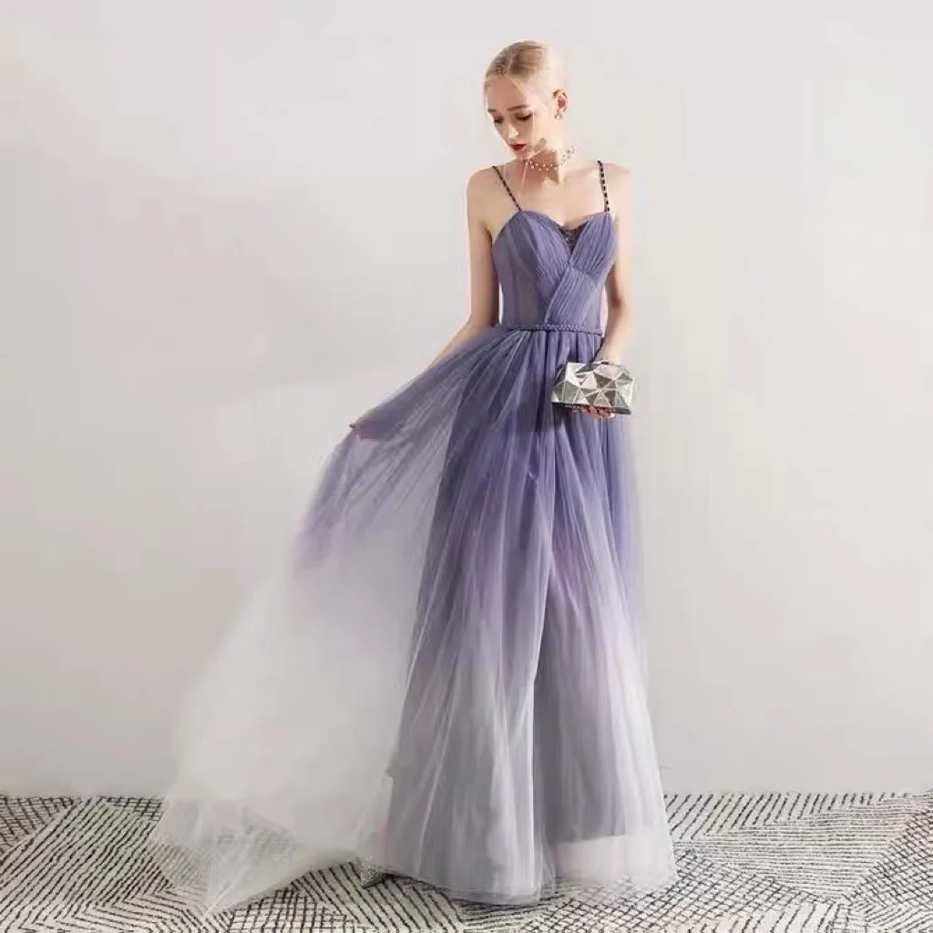 

Elegant Purple Evening Dresses Spaghetti Straps Sleeveless Lace Up Soft Tulle Backless Wedding Party Bridesmaid Prom Gowns 2022