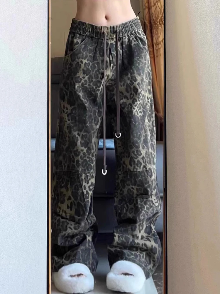 Женские мешковатые леопардовые джинсы Y2k в стиле Харадзюку японский стиль 2000-х