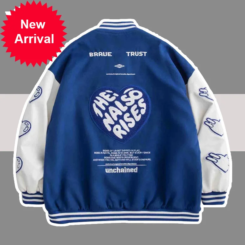 

Letter Heart Embroidery Furry Baseball Jacket Men Japanese Streetwear Loose College Jackets Unisex Oversized Varsity Bomber Coat