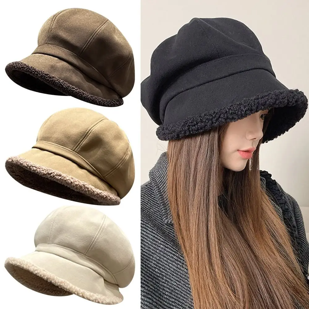 

Autumn Winter Thickened Women Beret Solid Color Lamb Cashmere Fisherman Cap Wide-brimmed Octagonal Hat