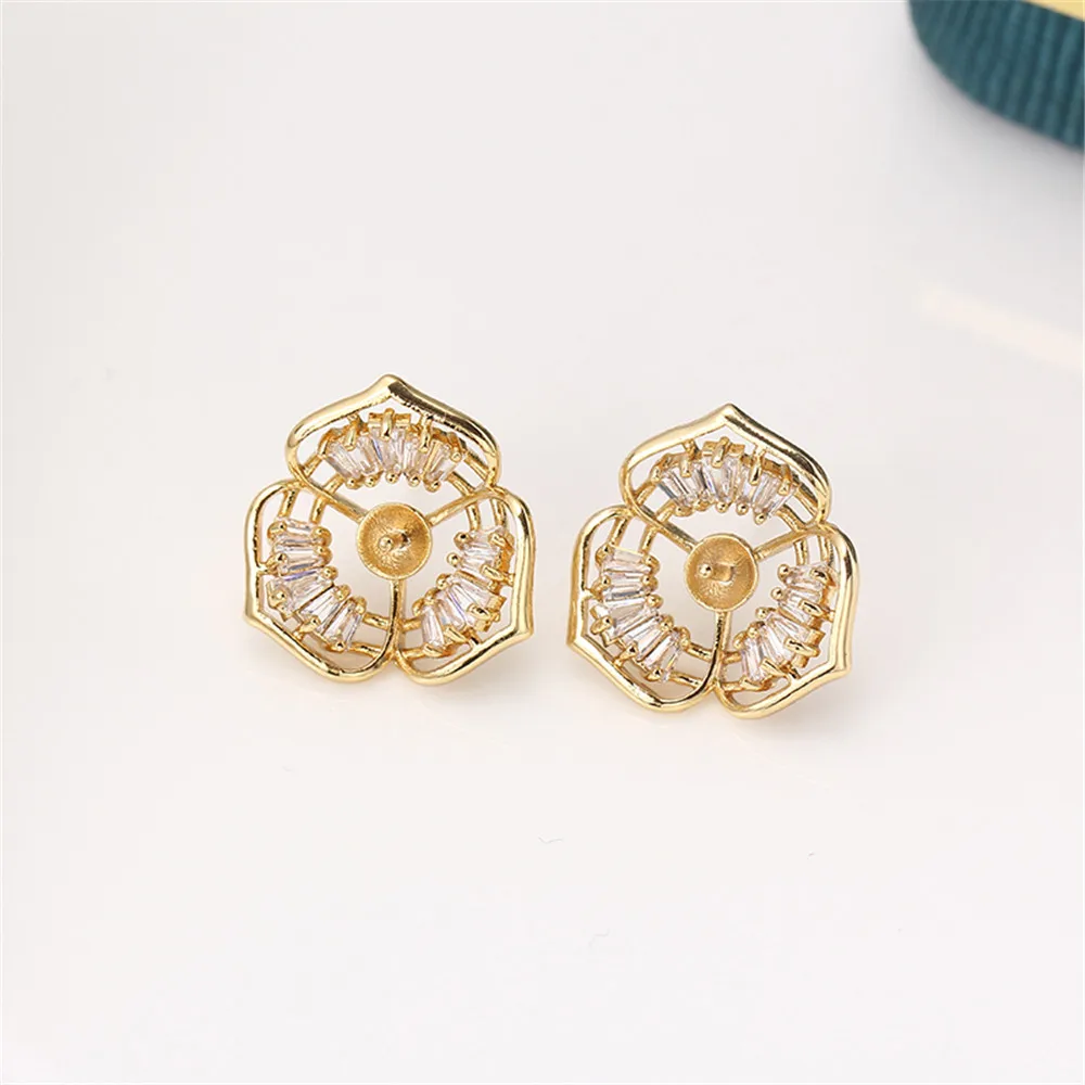 

14K gold color flower square zircon inlaid pearl ear stud S925 silver needle DIY accessories