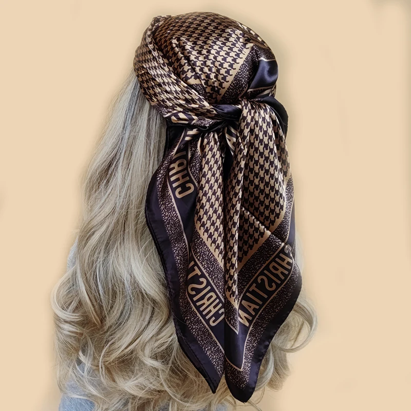 Satin Scarf For Hair Designer Luxury Brand Kerchief Neck Silk Head Scarves Bandana Ladies Handkerchief 90X90CM Headscarf
