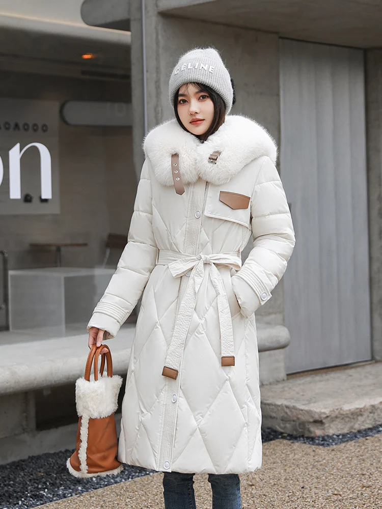 MEILLY DOLPHIN New Cotton Padded Quilted Women Winter Coat Clothes Big Fur Collar Snow Parkas Long Warm Puffer Jacket With Belt