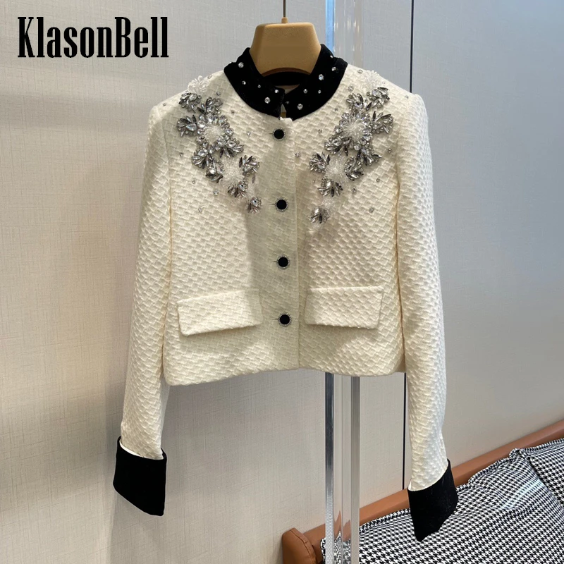 

10.28 KlasonBell Luxury Fashion Velvet Stand Collar Beading Diamonds Rhinestone Short Wool Tweed Jacket Women