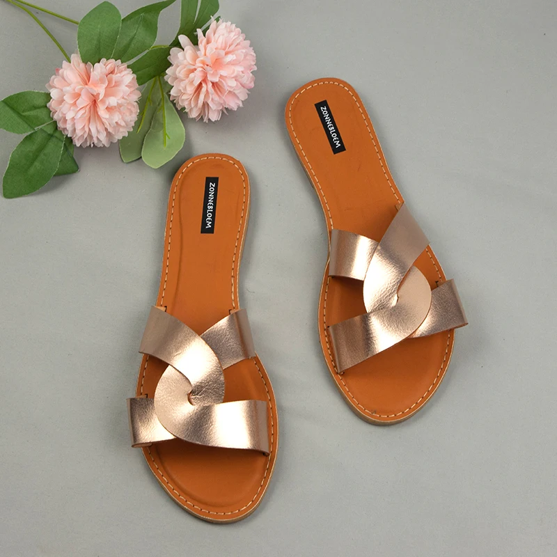 

Woman Flat Summer Sandals for 2022 Fashion Outside Beach Summer Slides Shoes PU Leather Open Toe Brand Designer Women Slippers