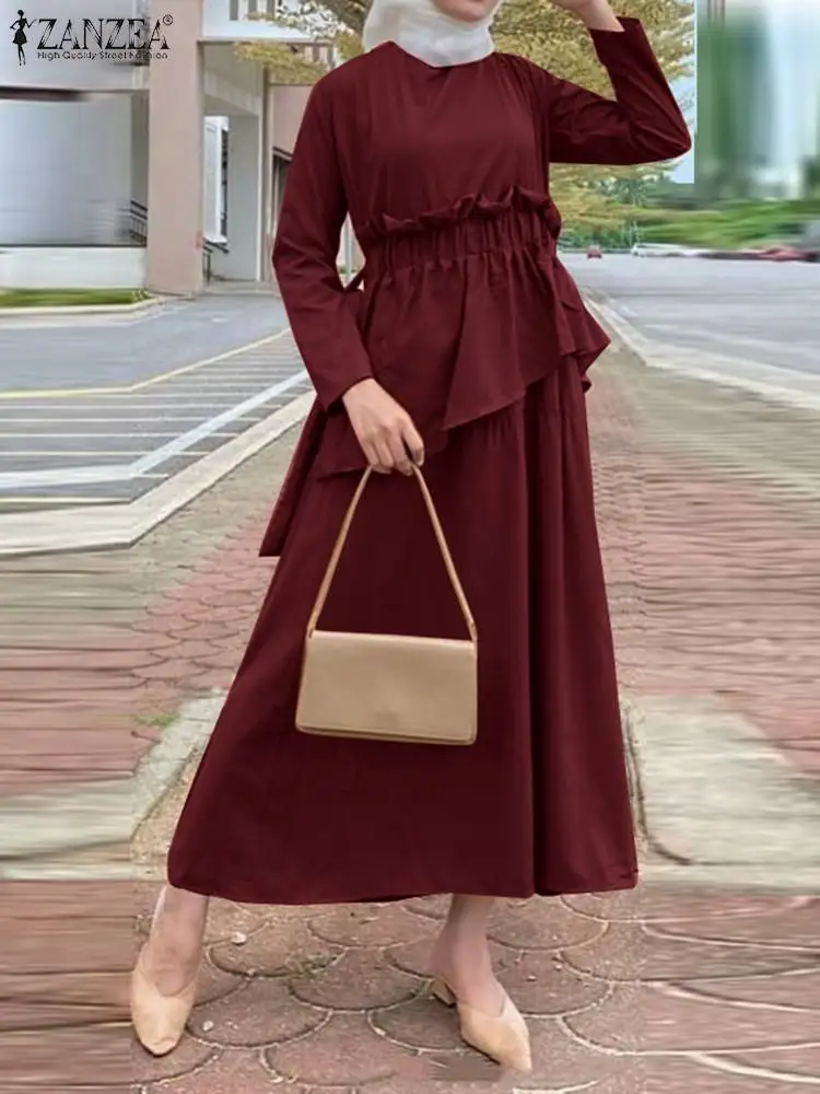 

ZANZEA Women Elegant Party Muslim Ruffles Maxi Dress Fashion Casual Vintage Abaya Hijab Vestido Layered Dress Islam Clothing