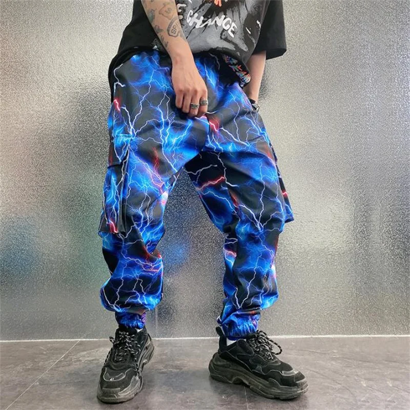 

Lightning Pants Mens Trousers Casual Loose Tooling Multi-Pocket Small Feet Hip-Hop National Tide Loose Tide Ropa Homme CalçA Ro