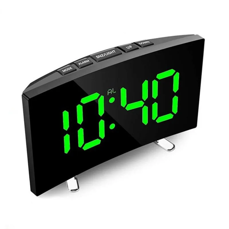 Digital Alarm Clock Curved Surface Mirror Electronic Table Clock Large Screen Snooze Desktop LED Clock for Home Decoration