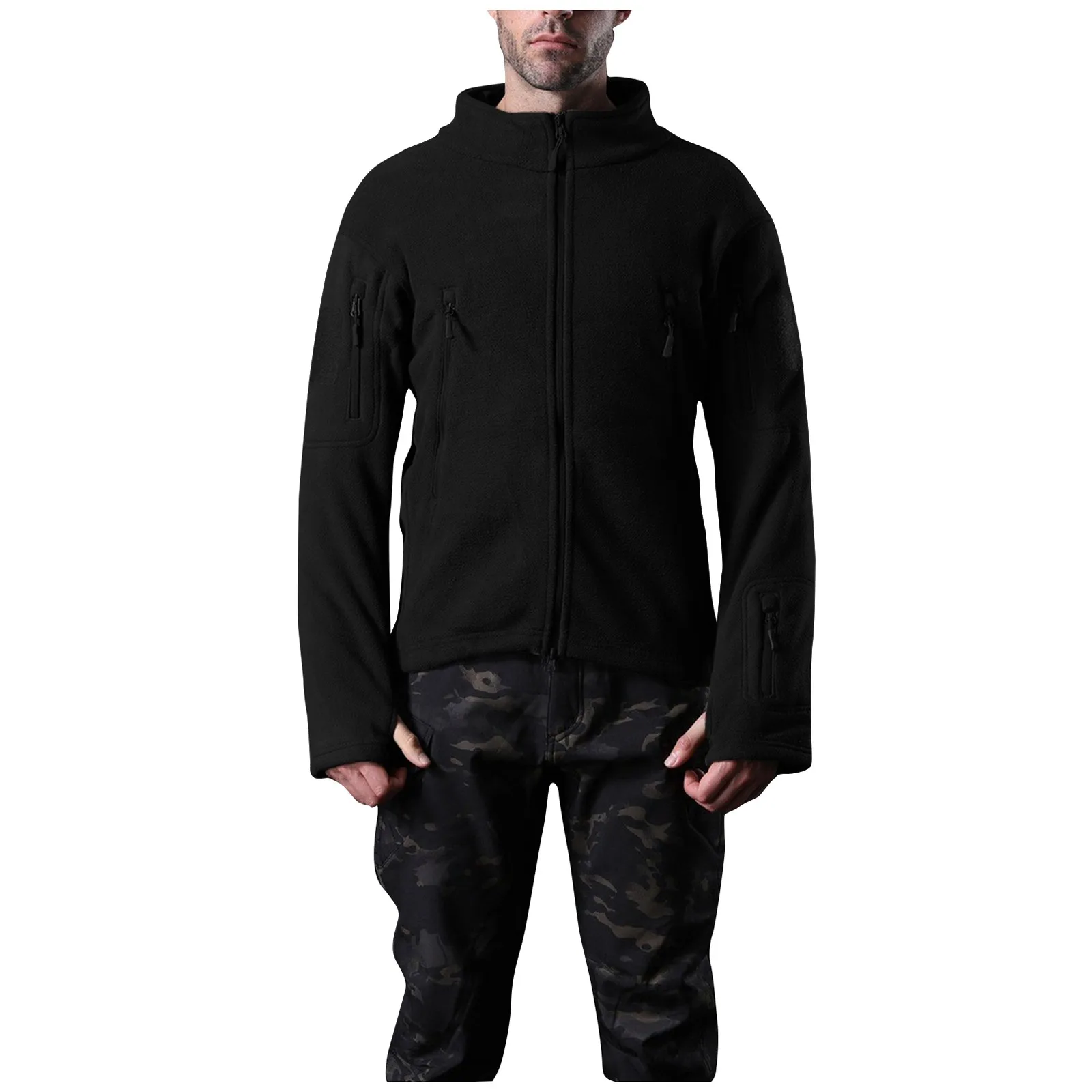 

Men'S Zip Hooded Sweaters Winter Standing Collar Fleece Jacket Outdoor Warmth Fleece Inner Jacket Multi Zipper Charging Jacket