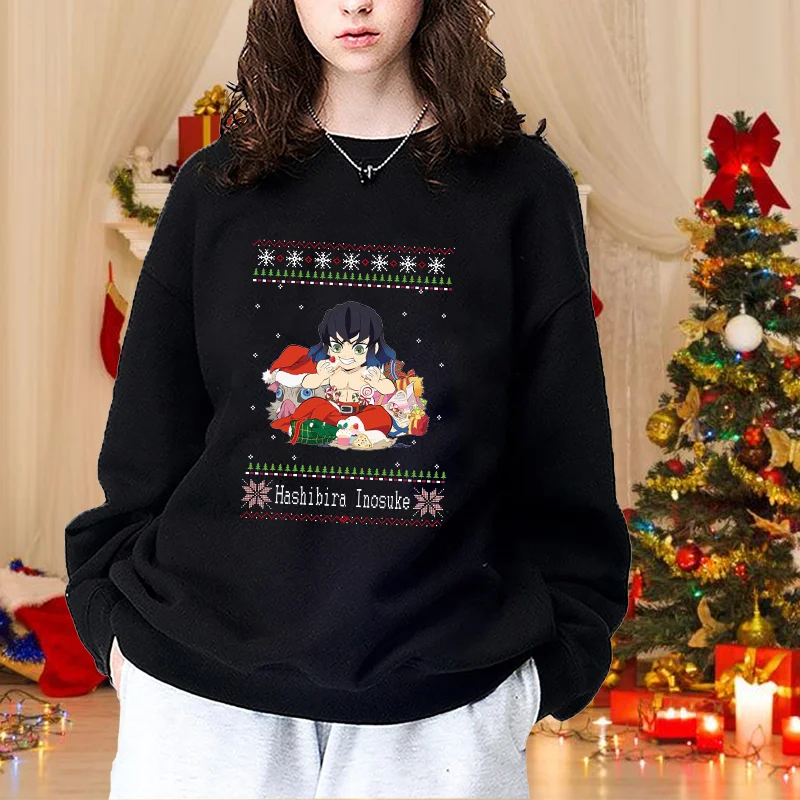 Cute Christmas Hashibira Inosuke Printed Sweatshirt New Casual Long Sleeve Round Neck Anime Pullover
