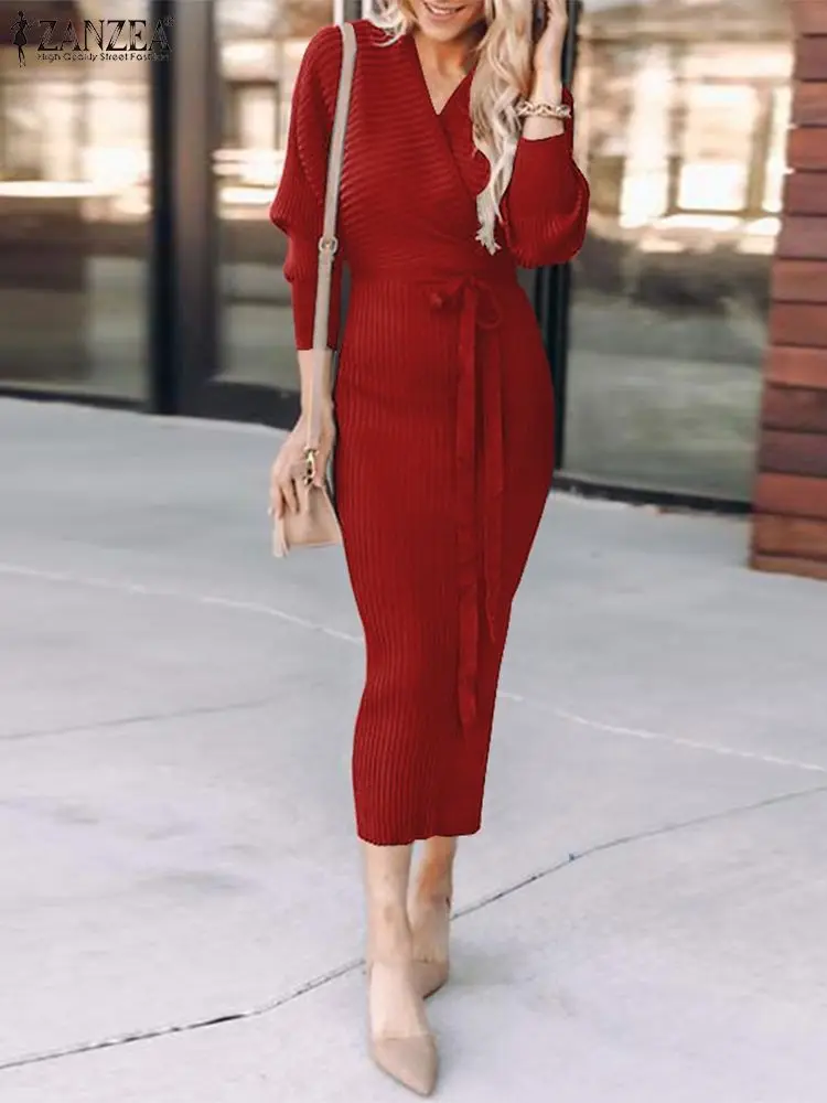 

ZANZEA Elegant Women V Neck Long Sleeve Split Hem Slim Pencli Dress Spring OL Vestido Sexy Lace Up Work Midi Sundress Robe Femme