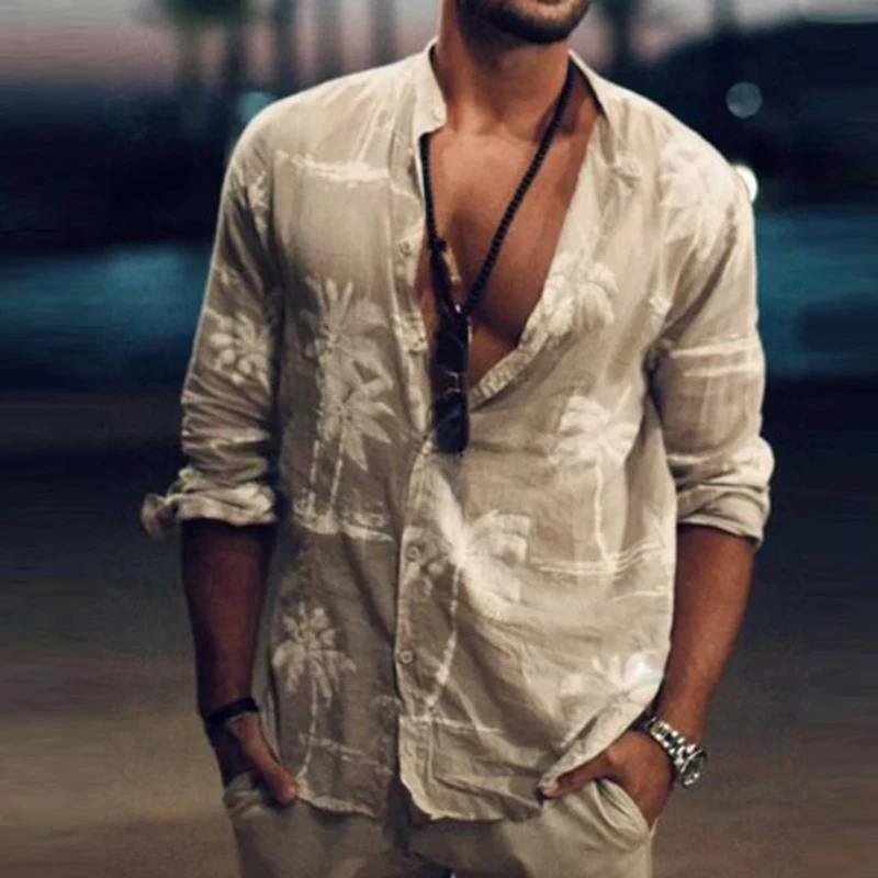 

Модные топы на пуговицах, уличная одежда, повседневные пляжные футболки, свободная пляжная Мужская одежда, рубашки-поло с длинным рукавом и ...