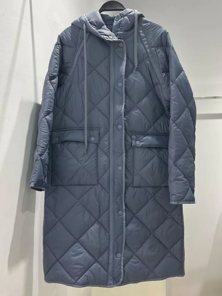 Autumn and winter new fashion women's casual all-match stand-up collar hooded pockets decorated with long cotton coats