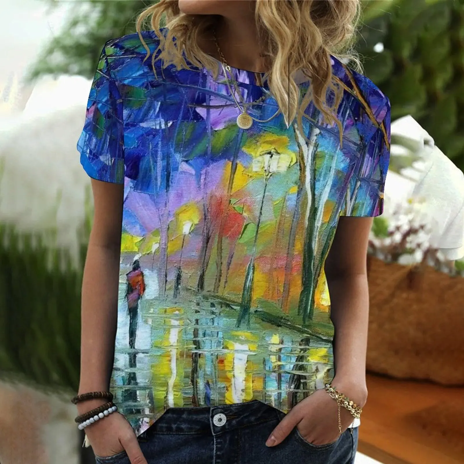 

European and American oil painting series 3D digital printing women's short-sleeved color street round neck personalized top