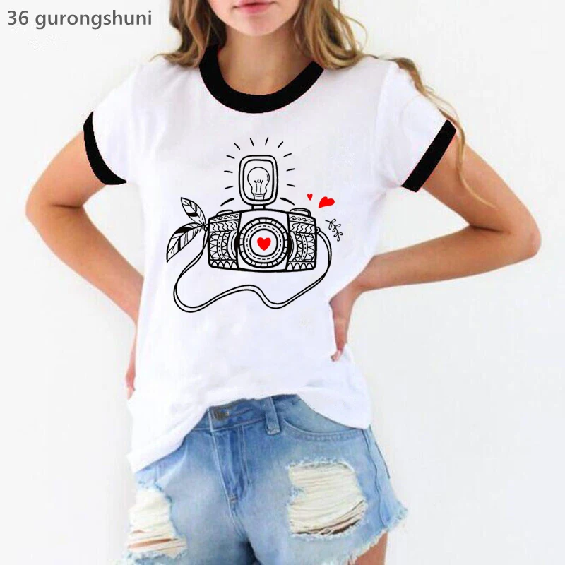 

Funny Camera Lover Print Tshirt Girls Summer Fashion Tops Tee Shirt Femme Harajuku Kawaii Clothes Cool White T-Shirt Female