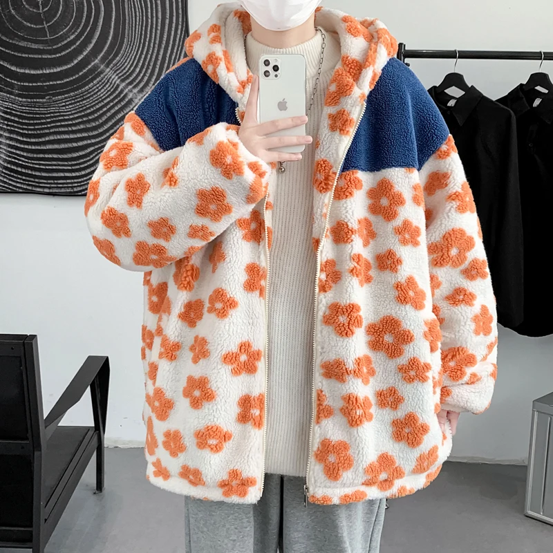 Winter Flower Lamb Hair Jacket Men Warm Fashion Thicken Plush Short Coat Mens Streetwear Loose Thick Cotton Clothes Male S-3XL
