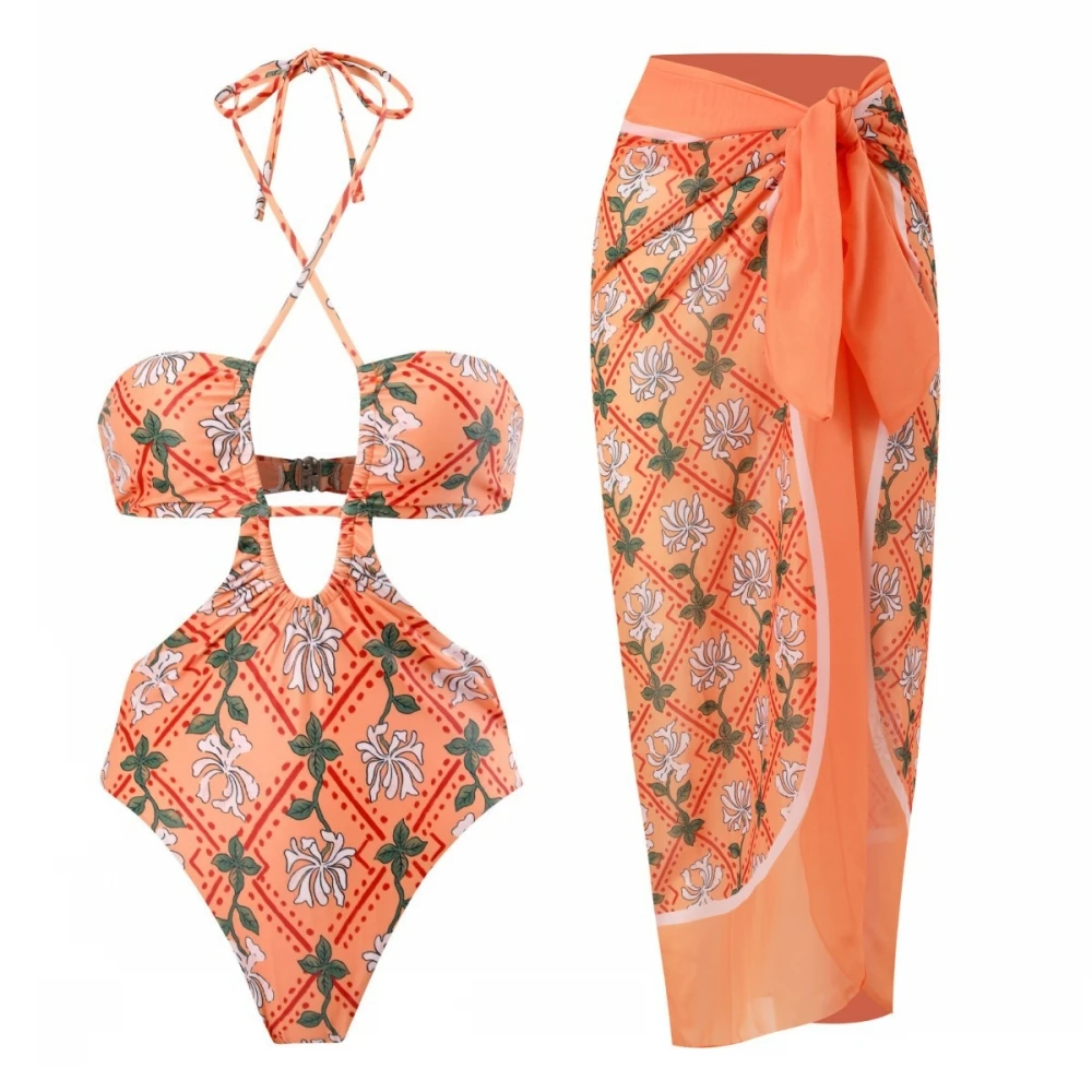 

Orange Printed One Piece Swimsuit And Skirt High Waist Slim Strap Bikini Chiffon Elastic Elastic Beach Skirt Trendy Elegant 2023