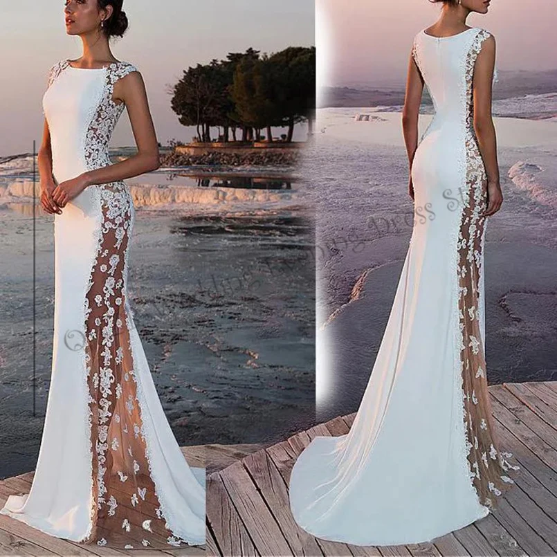

Ivory Simple O-Neck Sleeveless Lace Appliques Mermaid/Trumpet Woman Wedding Dresses Bridal Engagement Party