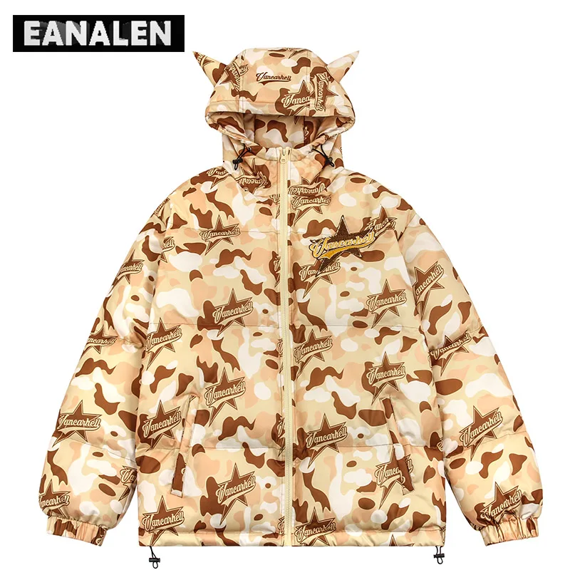 

Down jacket parka men's oversized yellow green camouflage demon animation jacket winter coat hip hop street clothing warm coat