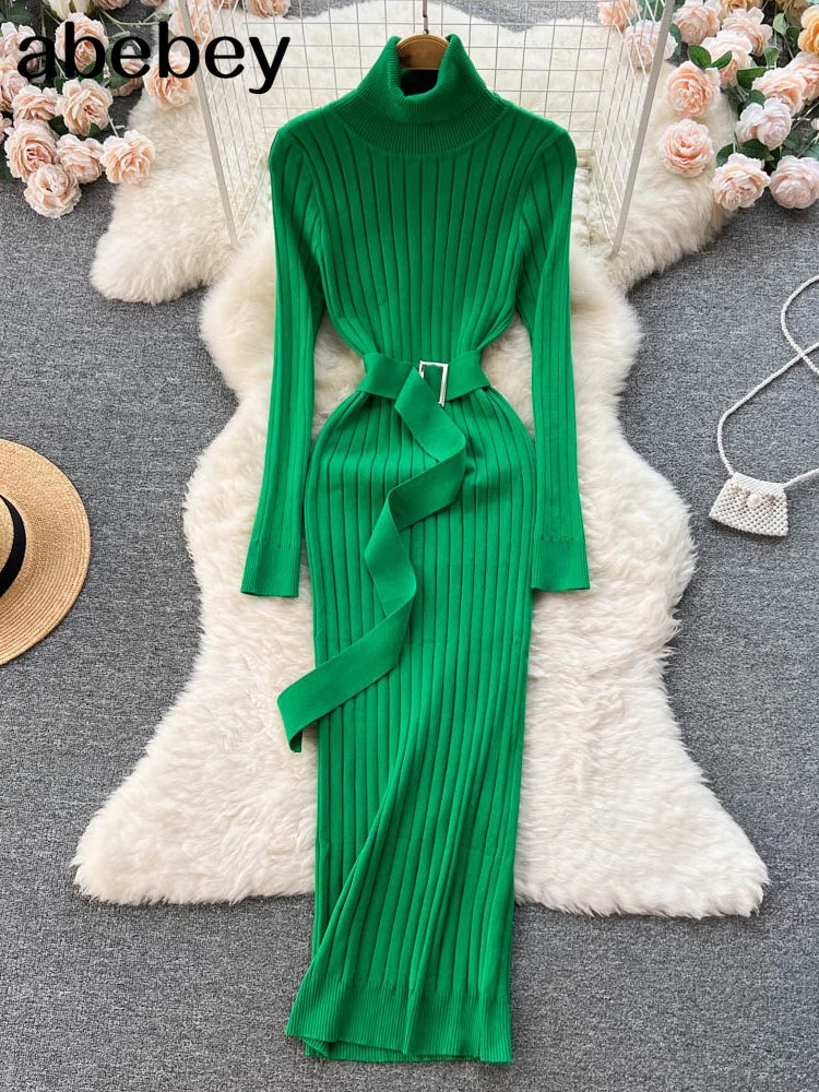 

Зеленое зимнее Сексуальное Женское Платье с высоким воротником, Осеннее облегающее Макси-платье с длинным рукавом, Повседневный свитер ...