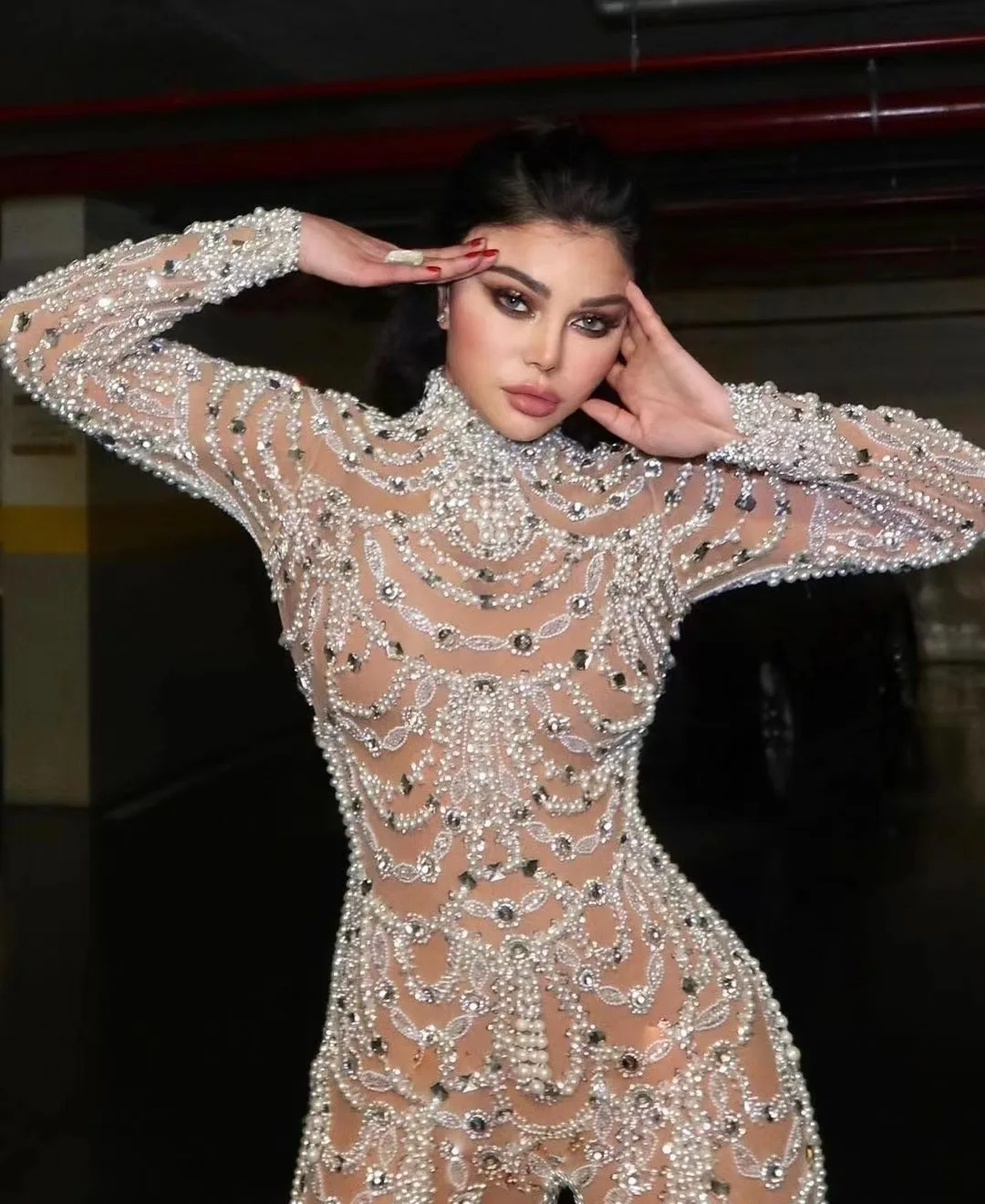 

Luxury Rhinestones Mesh Transparent Jumpsuit Lady Evening Prom Party Diamond Birthday Celebrate Outfit Stage Wear