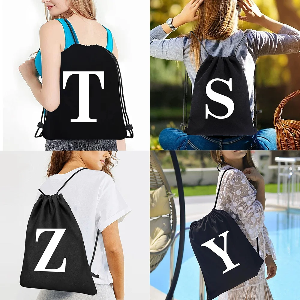 

Drawstring Backpacks Men Gym Bag Casual Canvas Double Shoulder Bags Women Travel Shopping Organizer White Letter Print Knapsack