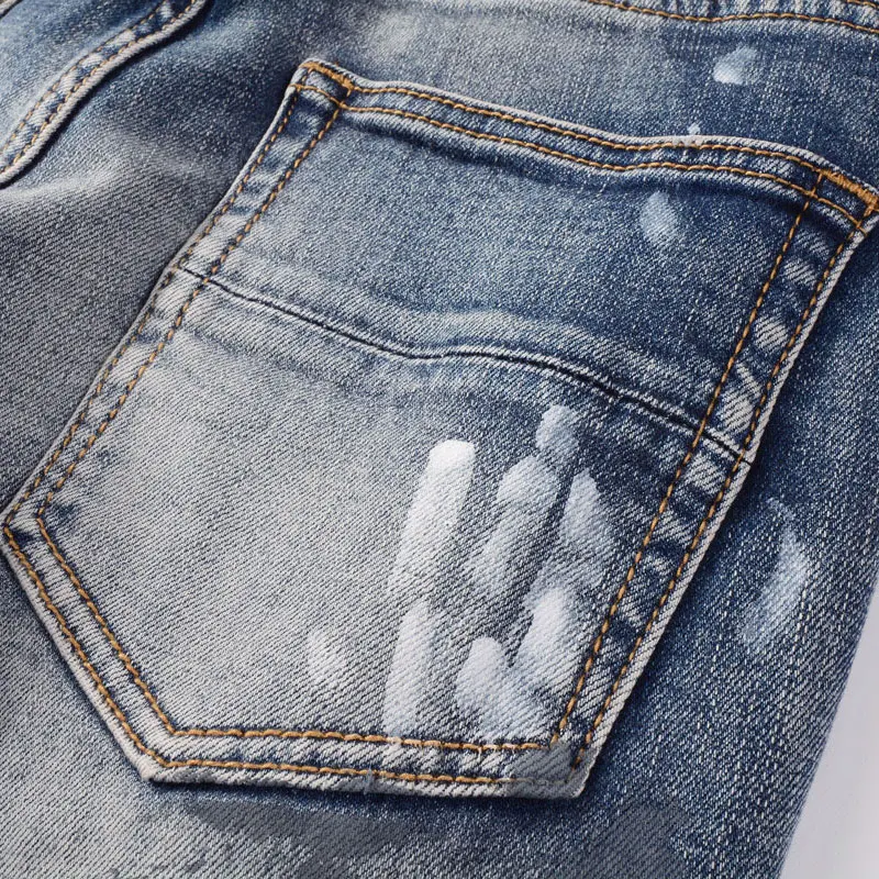 Streetwear Fashion Men Jeans Retro Blue Stretch Slim Fit Painted Hole Ripped Jeans Men Patch Designer Hip Hop Brand Pants Hombre