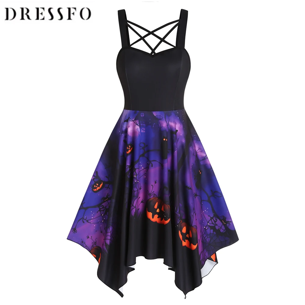 

Women's Halloween Pumpkin Ghost Bat Cross Print Asymmetric Dress Crisscross Backless Handkerchief Sleeveless High Waist Dress