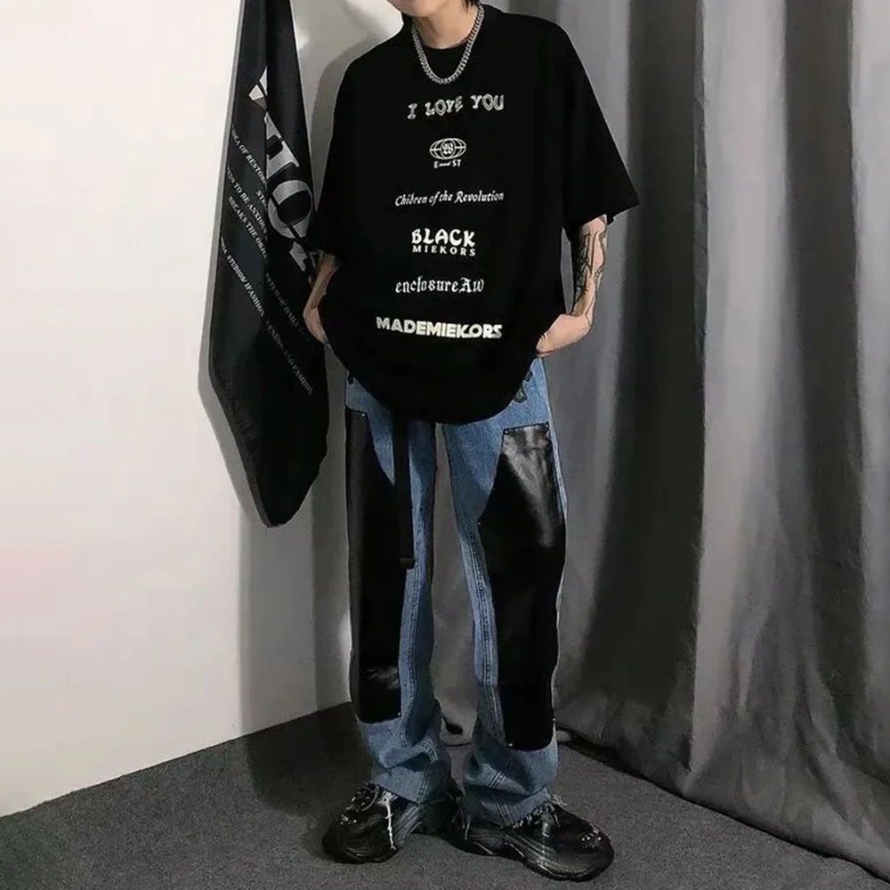 American High Street PU Leather Splicing Large Size Jeans Trendy Brand Men's Hiphop Casual Trousers Harajuku Style Fashion Pants