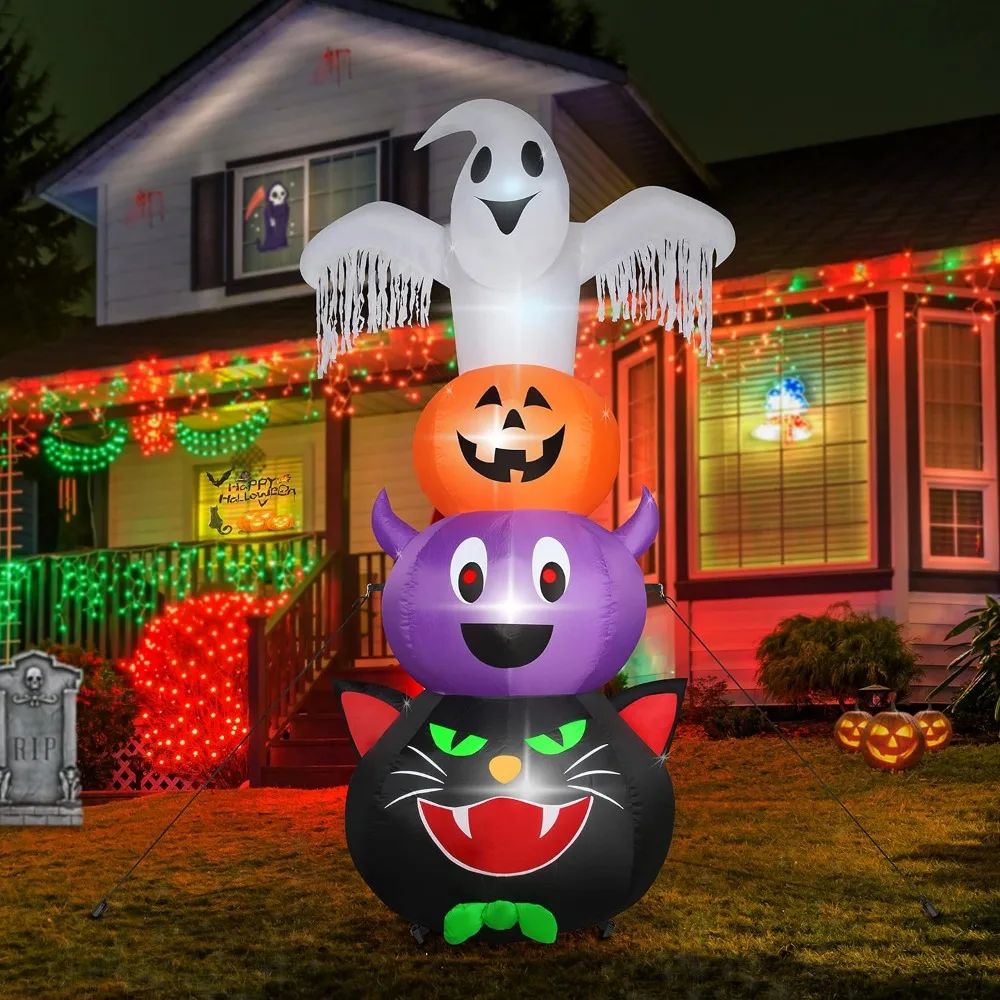 

Halloween Inflatables Outdoor Decorations, 3 Pumpkin Lights with 1 Ghosts Halloween Blow Ups Yard Decoration LED Lighted Indoor