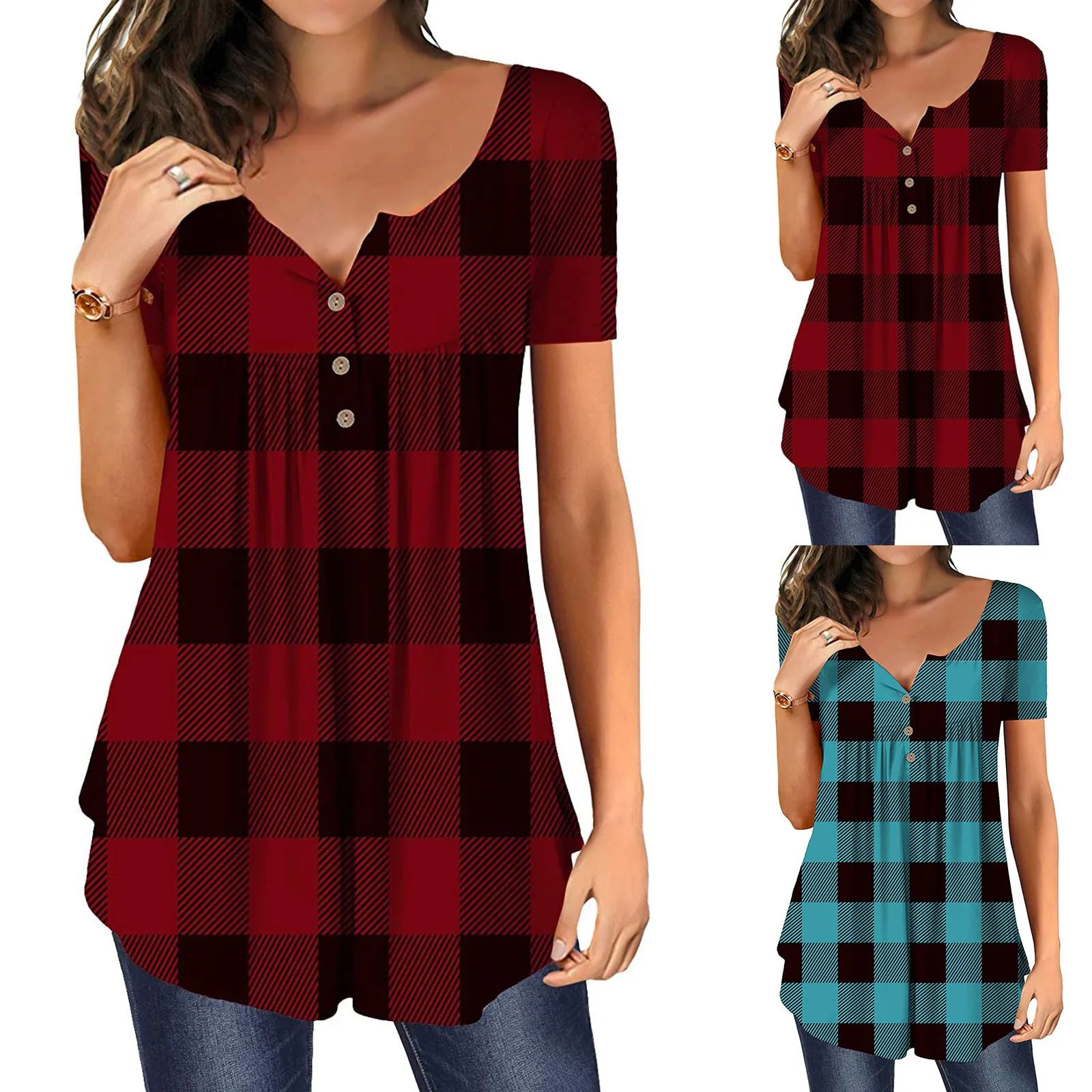 

Women Casual Plus Size O-Neck Plaid Printed Loose Button Tunic T-Shirt Tops Basic Casual Retro Fashion T-Shirts Streetwear