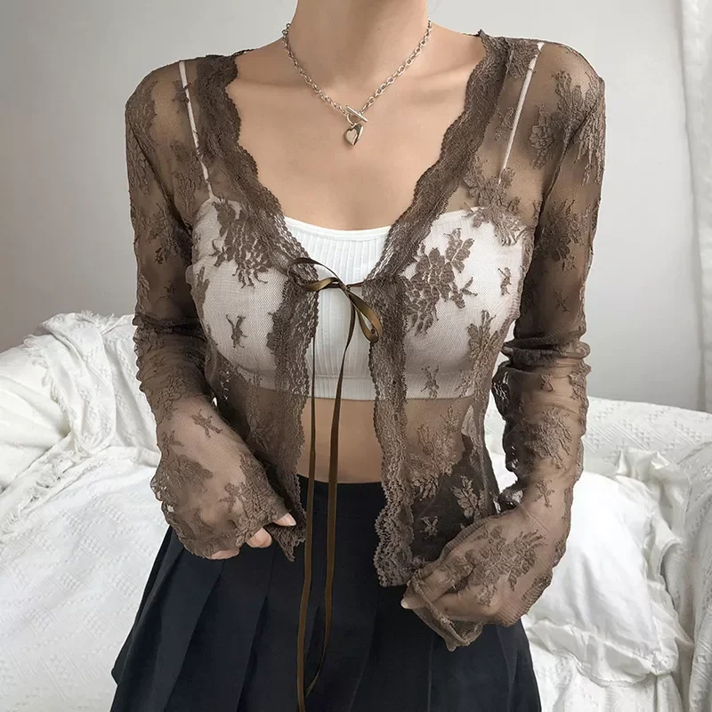 

New2022 Sexy See Through Cardigans Y2K Long Sleeve Lace Mesh Lace Vintage Lace Up Crop Tops Streetwear Cardigans 2021