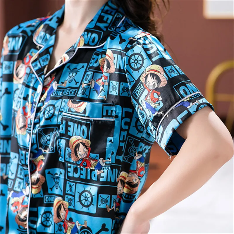 Summer Women Pajamas Set Japan Anime Print 2Pack Home Clothes Leisure Nightwear Ice Silk Cartoon Sleepwear For Girls Roomwear