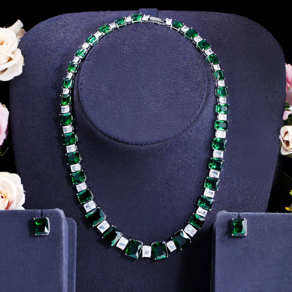 

BeaQueen Women Vintage Green Rectangle Cubic Zirconia Jewelry Set Bridal Stud Earrings Necklace for Wedding Banquet Dinner S331