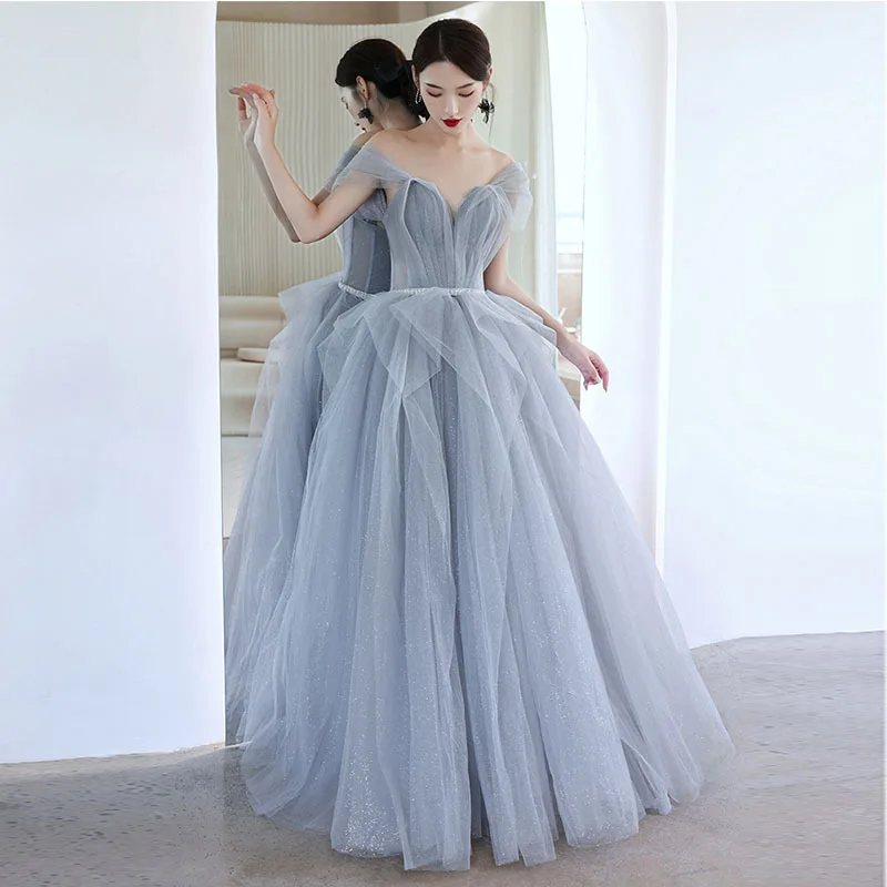 

Grey Tiered Party Dresses Shiny Off Shoulder Women Evening Dress Elegant Ruched Princess Vestido Lace Up Banquet Gown