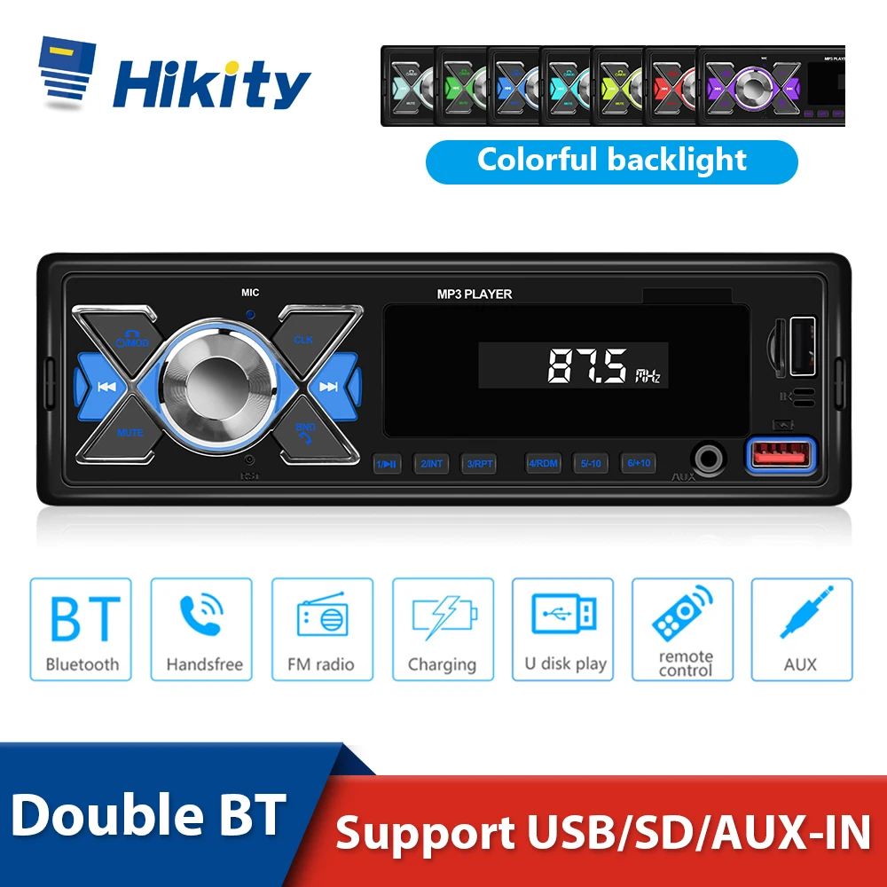 

Hikity MP3 Car Stereo Radio Bluetooth Multimedia Playback AI Voice Colorful Lights USB/SD/AUX-IN Interface 12V FM Receiver